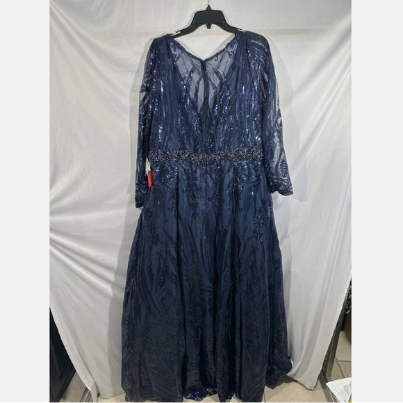 NWT $598 Mac Duggal [ 18 ] Damask Sequin Long‎ Sleeve Gown in Midnight Blue - Picture 12 of 16